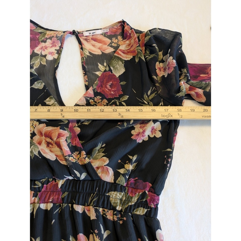 Mi Ami Dress Juniors Medium Boho Black Floral Mini Sheer Chiffon Tiered Garden - Picture 6 of 8